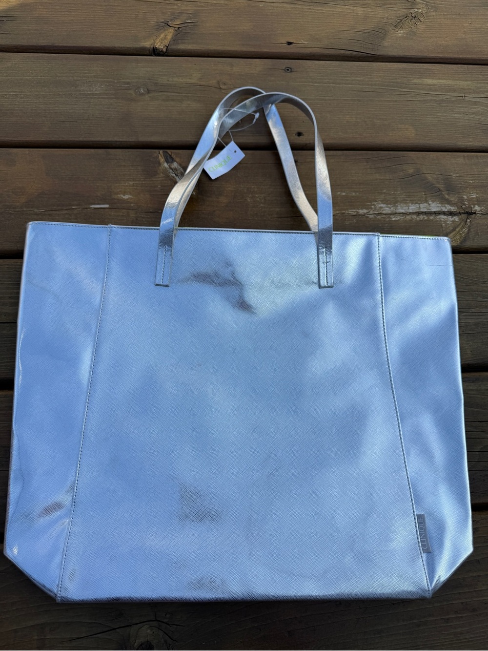 Clinique Tote Shoulder Bag Metallic Silver Polyurethane Shell Green Lining